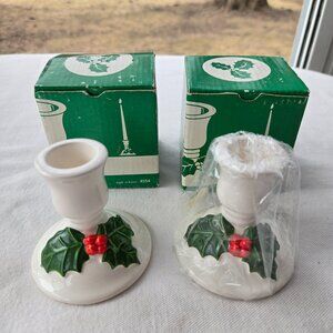 Two Vintage Lillian Vernon Holly Candle Holders w/Boxes